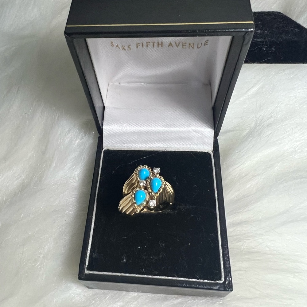 Art Nouveau 14k Yellow Gold, Diamonds 
Turquoise Ring💛🩵💎 - Picture 8 of 17